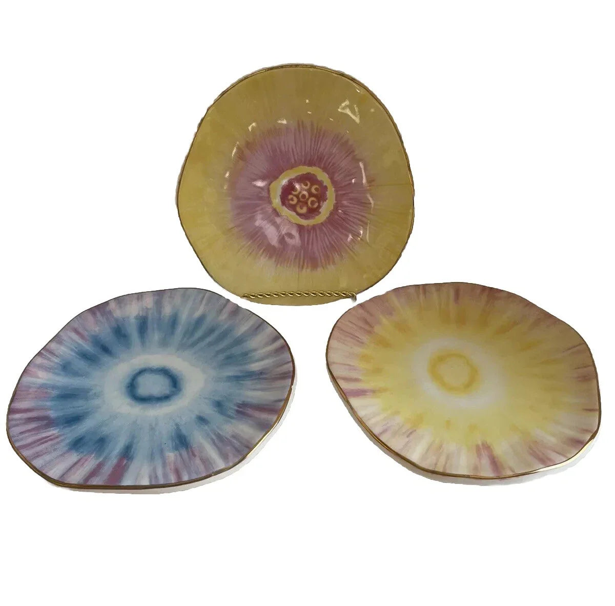 Tie Dye Uneven Edges Plates Hippie Glazed Porcelain Handmade Set 3 Gold 8 1/4”