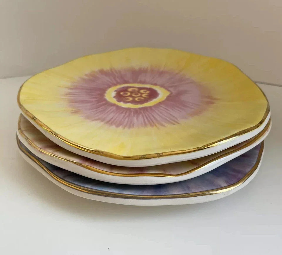 Tie Dye Uneven Edges Plates Hippie Glazed Porcelain Handmade Set 3 Gold 8 1/4”