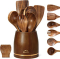 Wooden Kitchen Utensil Set 8 Pcs – Teak Cooking Tools with Holder Nonstick